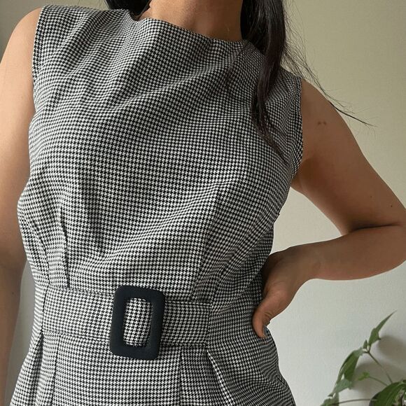 Vtg deadstock 90s Marnie West black‎ white houndstooth fitted belt dress size 10 - Picture 7 of 8